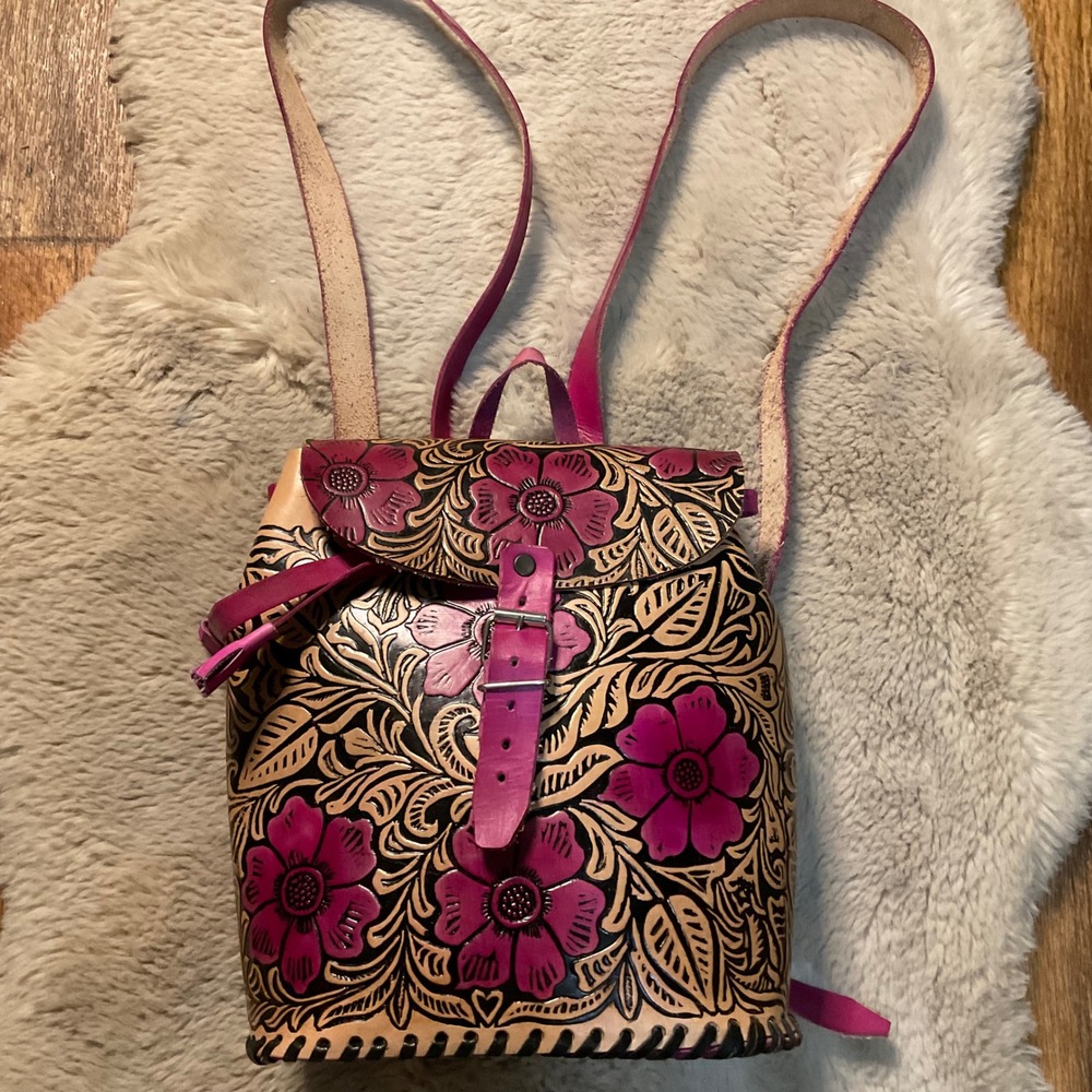 Handcrafted Leather Backpack Purse Floral Tooled Pink‎ Accent